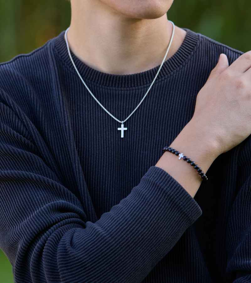 By Gabay, Armbånd med træperler og sølvkors, Ø 18 cm - Billede 3
